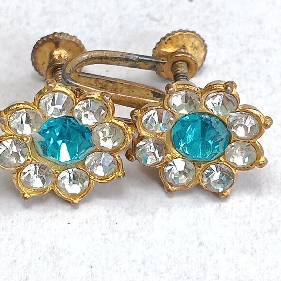 Vintage Rhinestone Flower Gold Tone Stud Screw Back Earrings-December Birthstone - Picture 6 of 8